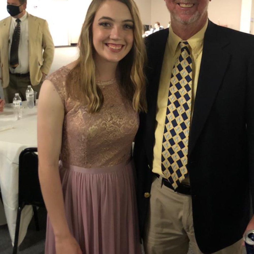 David’s Bridal rose gold metallic dress